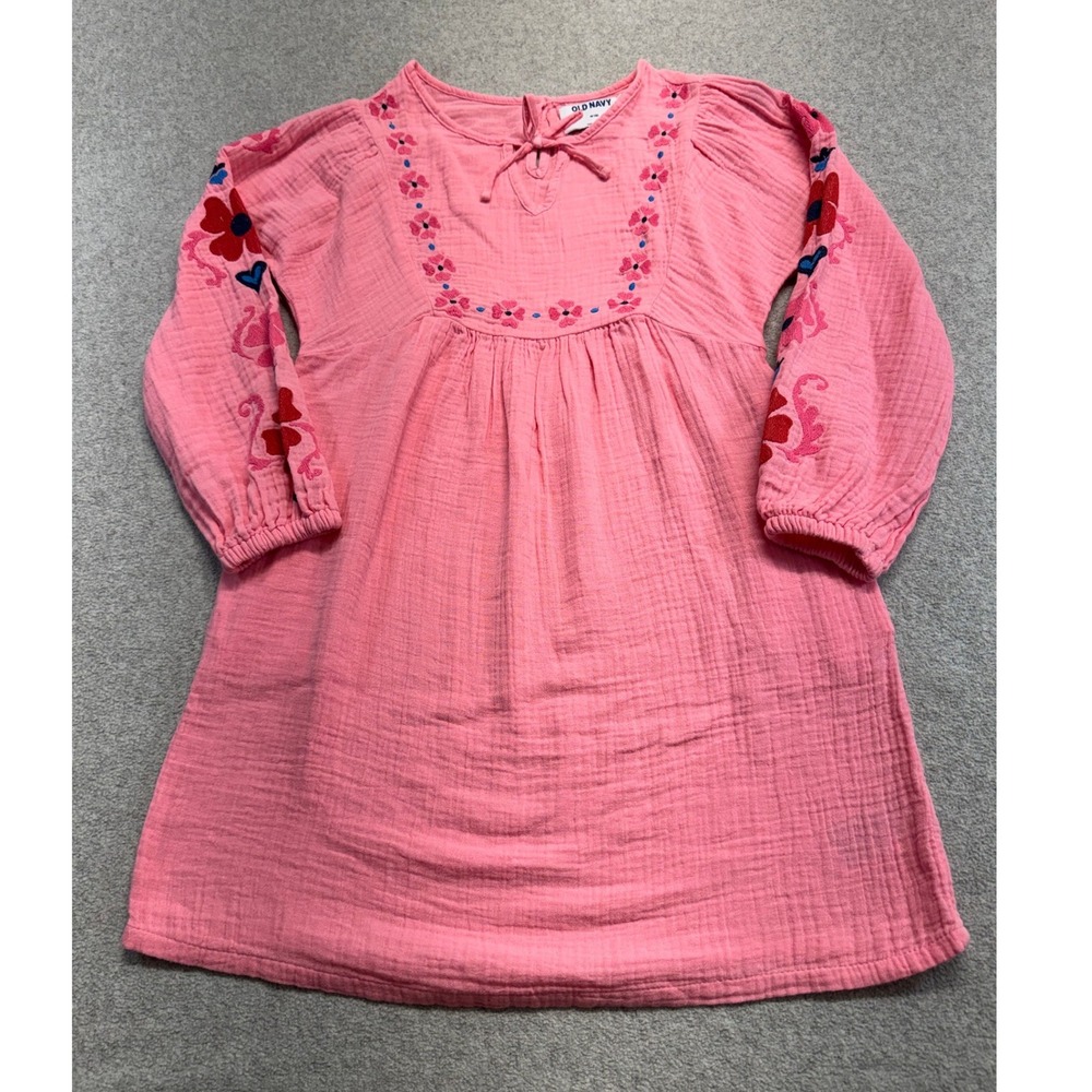 NWT Old Navy Girls 8 Pink Embroidered Gauze Swing Dress Guava Heart Cotton Flowy
